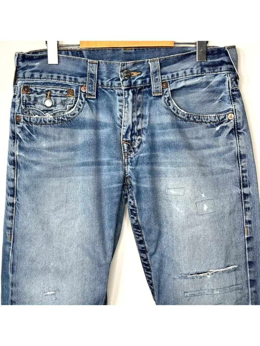 True Religion BOLM Deer Hollow Jeans Men 31 Straight Distressed Blue Flap Pocket